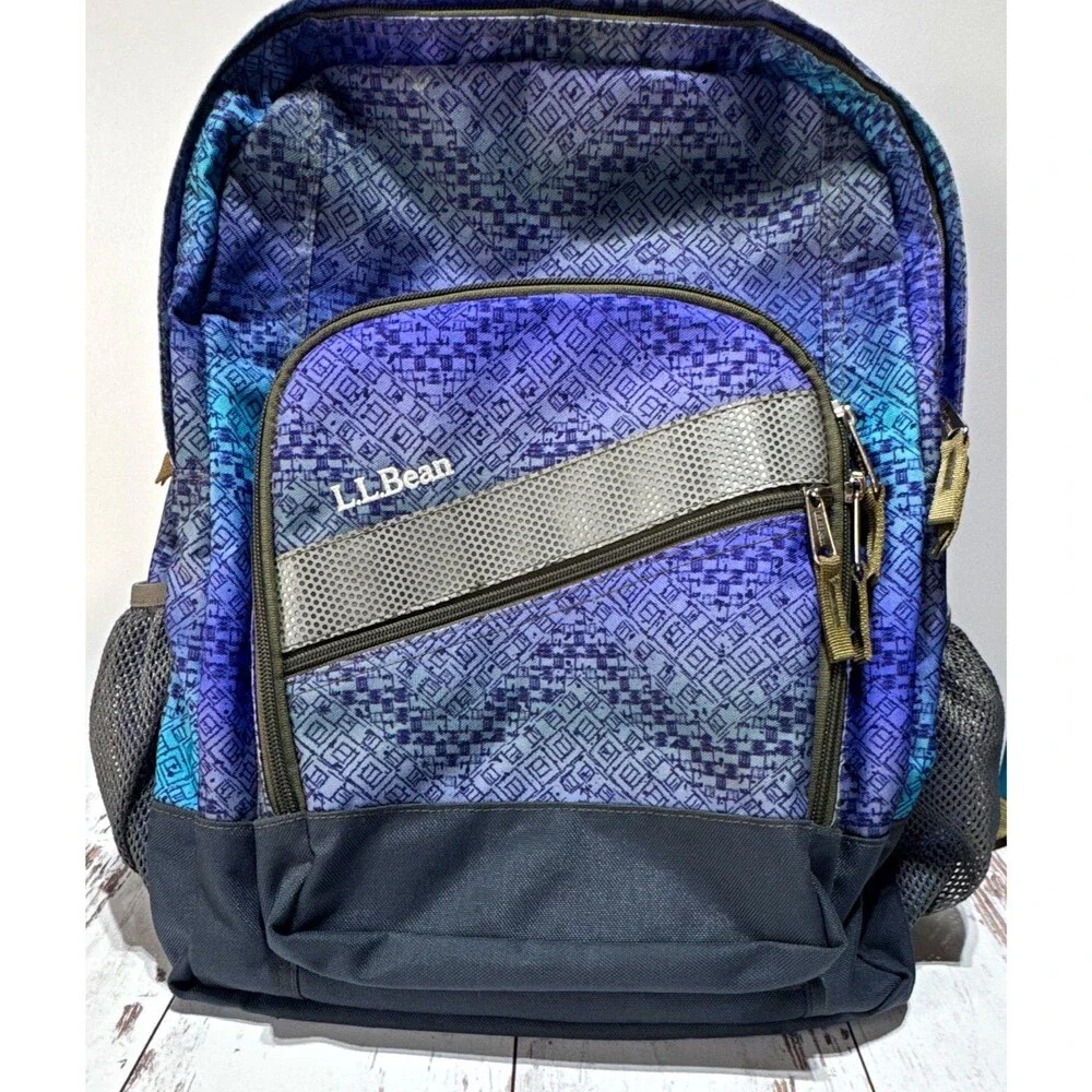 L.L.Bean Blue Purple Gray Backpack Zip Padded Straps Reflective